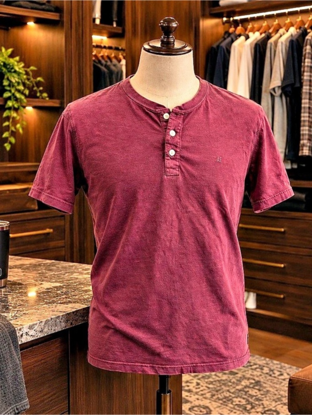 American Eagle Outfitters AE Short-Sleeve Henley Icon T-Shirt Burgundy